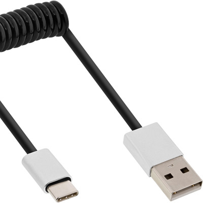 InLine® USB 2.0 Spiralkabel, USB-C ST an A ST, schwarz/Alu, flexibel, 1m (Produktbild 1)